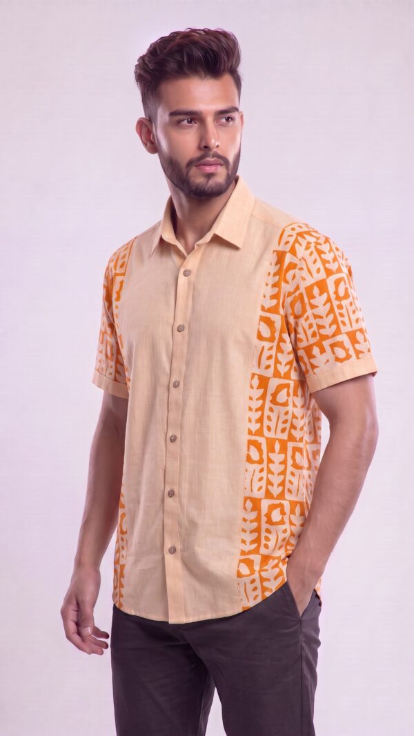 Untitled design - 3 Men Peach Vibrant Orange Cotton Batik Print Handloom Shirt
