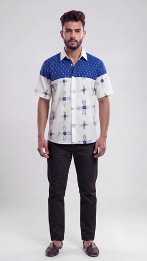 Untitled design - 1 Men Royal Blue Off-White Cotton Ikat Sambalpuri Print Handloom Shirt