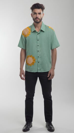 Untitled design - 1 Men Shirt Sage Green Body Mustard Yellow Applique Sunflower Work