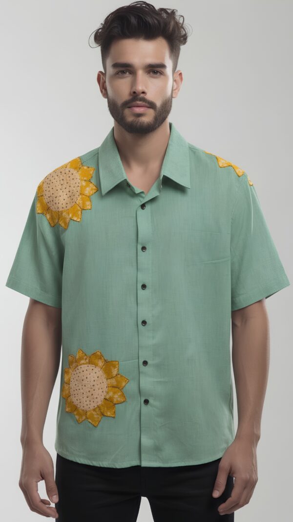 Untitled design - 2 Men Shirt Sage Green Body Mustard Yellow Applique Sunflower Work