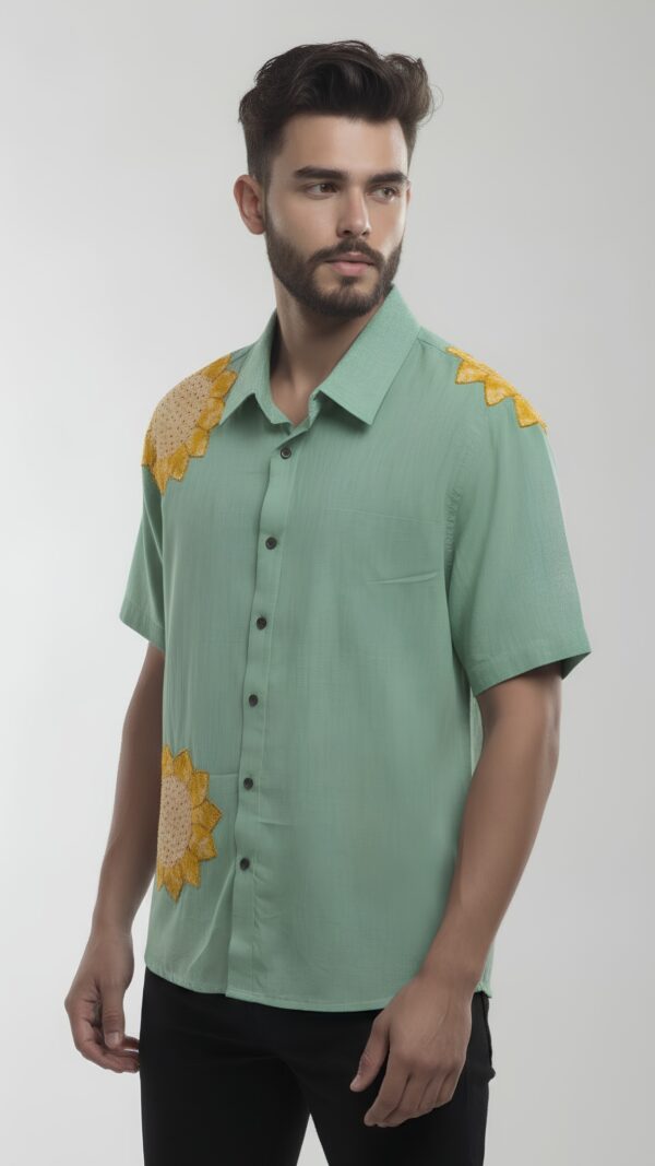 Untitled design - 3 Men Shirt Sage Green Body Mustard Yellow Applique Sunflower Work