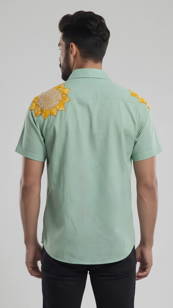 Untitled design - 4 Men Shirt Sage Green Body Mustard Yellow Applique Sunflower Work