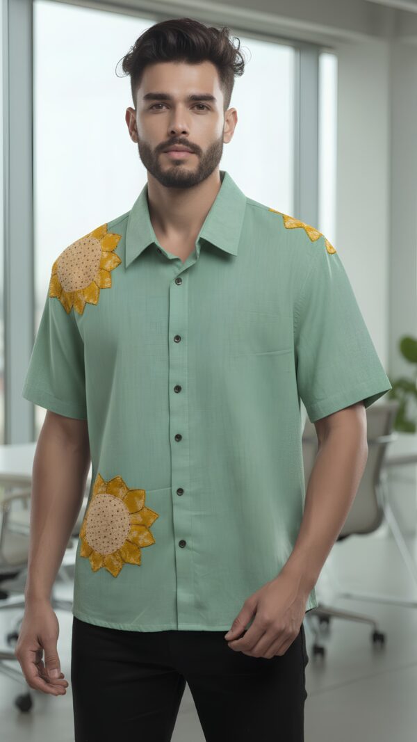 Untitled design - 5 Men Shirt Sage Green Body Mustard Yellow Applique Sunflower Work