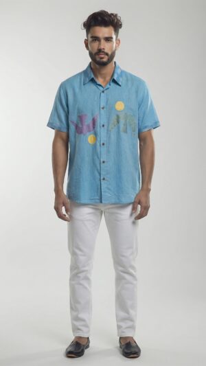 Untitled design - 1 Men Sky Blue Cotton Applique Handloom Shirt