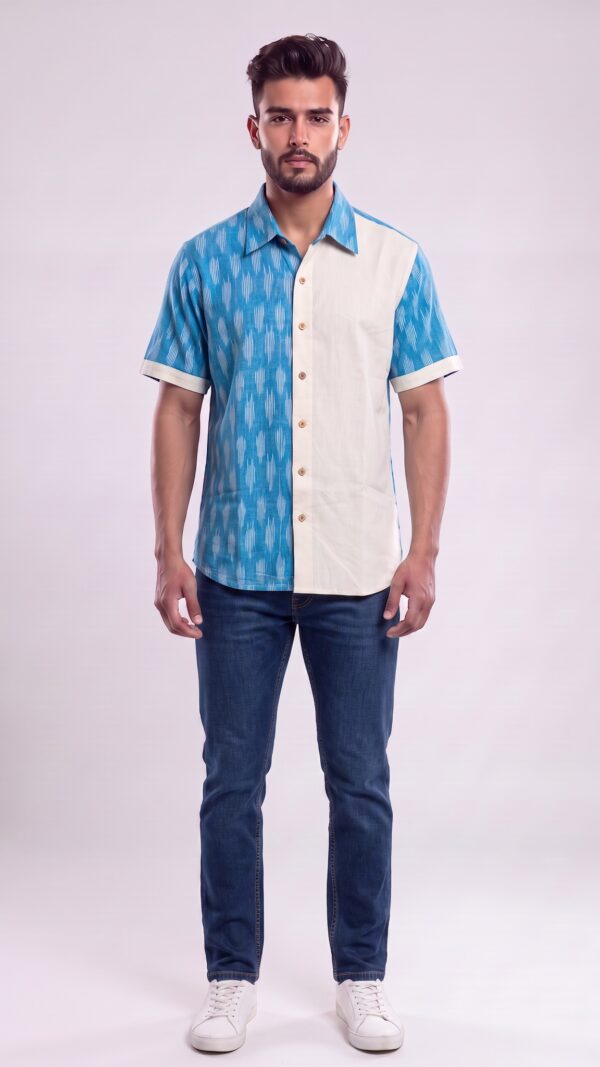 Men Sky Blue Off-White Cotton Ikat Vertical Pattern Handloom Shirt