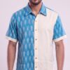 Men Sky Blue Off-White Cotton Ikat Vertical Pattern Handloom Shirt
