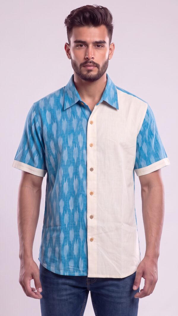 Men Sky Blue Off-White Cotton Ikat Vertical Pattern Handloom Shirt