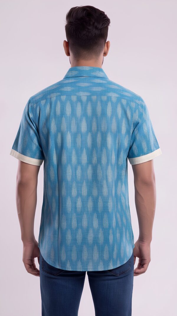 Men Sky Blue Off-White Cotton Ikat Vertical Pattern Handloom Shirt