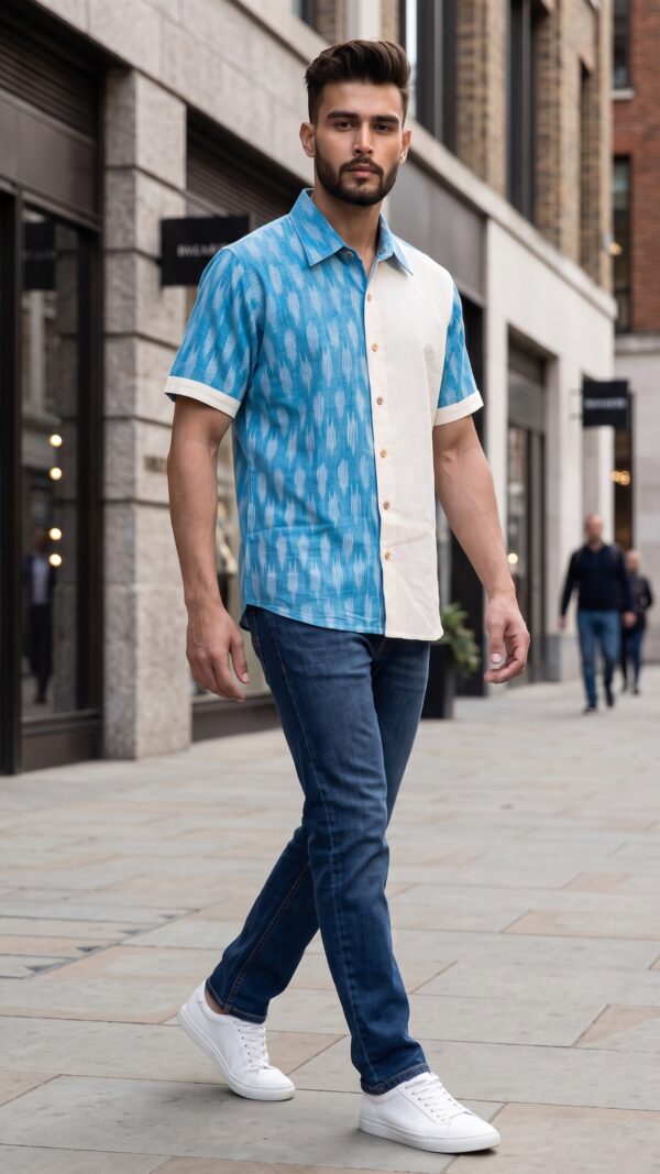 Men Sky Blue Off-White Cotton Ikat Vertical Pattern Handloom Shirt