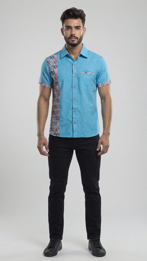 Untitled design - 1 Men Turquoise Blue Cotton Patchwork Floral Handloom Shirt