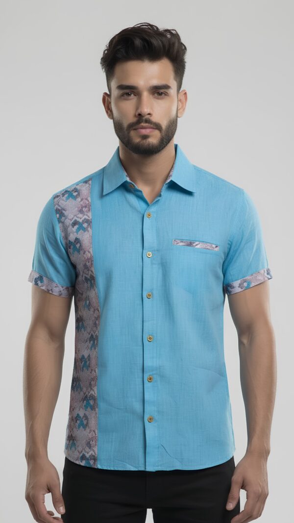 Untitled design - 2 Men Turquoise Blue Cotton Patchwork Floral Handloom Shirt