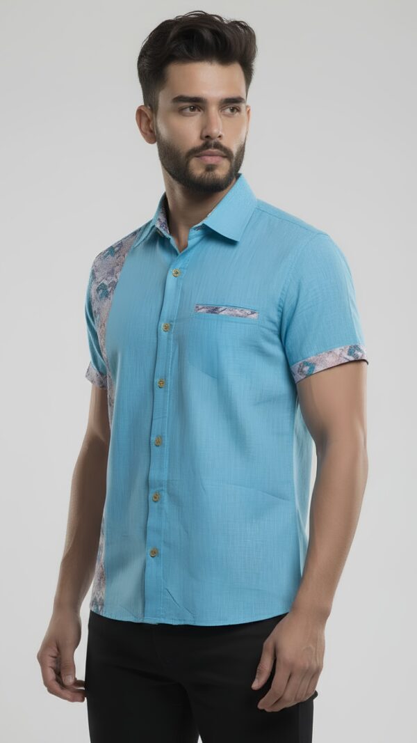 Untitled design - 3 Men Turquoise Blue Cotton Patchwork Floral Handloom Shirt