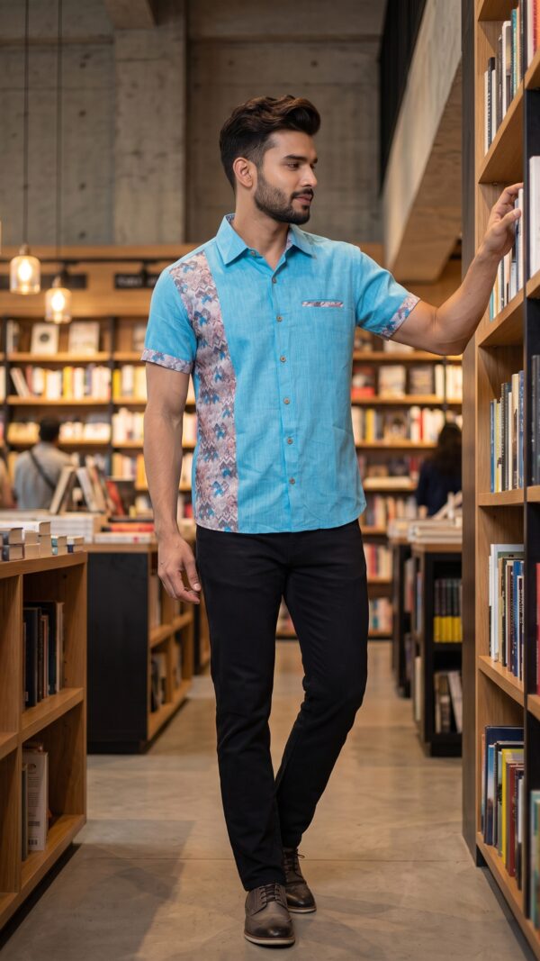 Untitled design - 5 Men Turquoise Blue Cotton Patchwork Floral Handloom Shirt