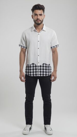 Untitled design - 1 Men White Black Cotton Checker Handloom Shirt