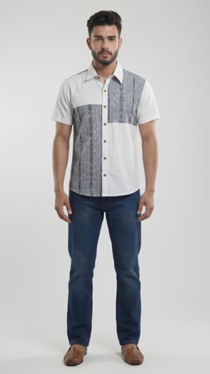 Untitled design - 1 Men White Charcoal Grey Cotton Sambalpuri Handloom Shirt