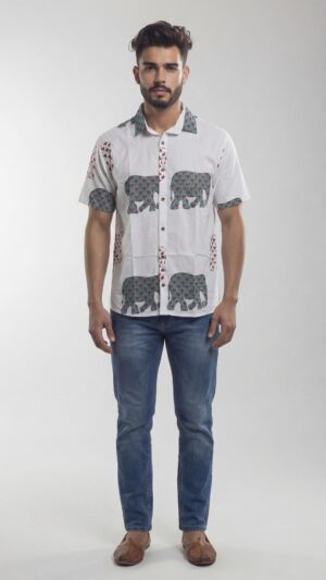 Untitled design - 1 Men White Cotton Elephant Print Handloom Shirt