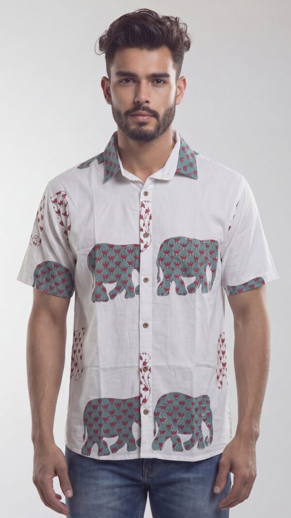 Men  White Cotton Elephant Print Handloom Shirt