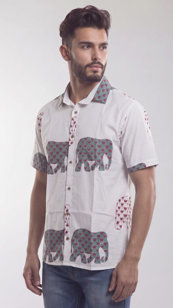 Men  White Cotton Elephant Print Handloom Shirt