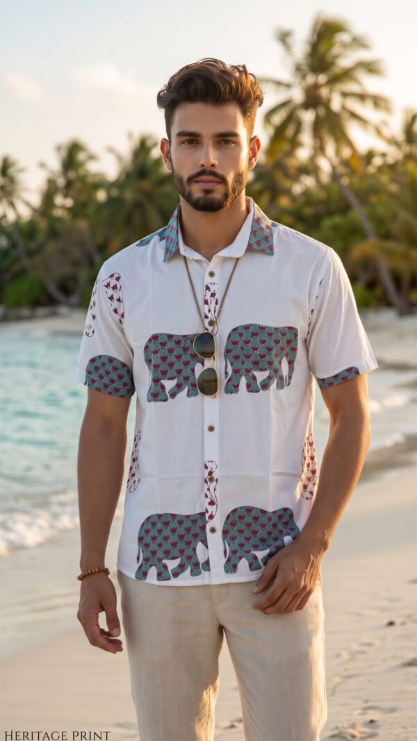 Men  White Cotton Elephant Print Handloom Shirt