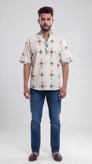 Untitled design - 1 Men White Multicolor Cotton Ikat Sambalpuri Print Handloom Shirt
