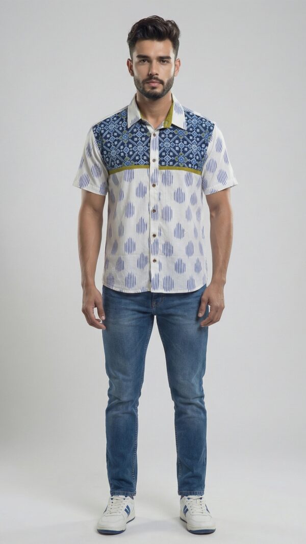 Men  White Royal Blue Olive Green Cotton Patchwork Block print Handloom Shirt