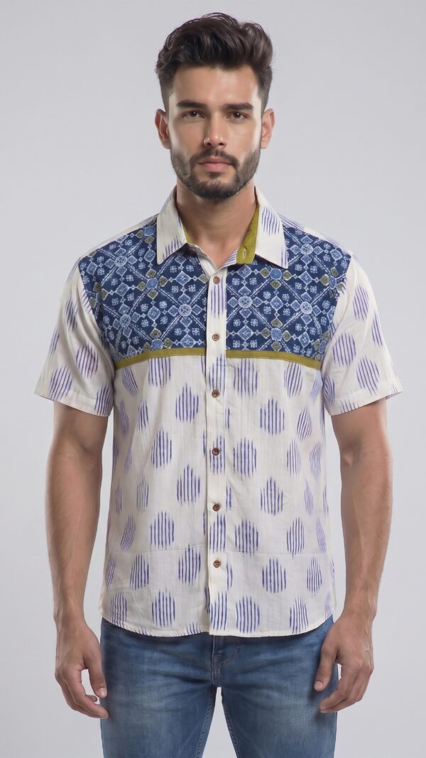 Men  White Royal Blue Olive Green Cotton Patchwork Block print Handloom Shirt