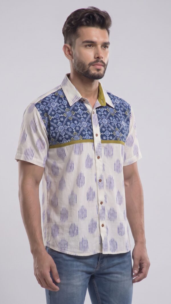 Men  White Royal Blue Olive Green Cotton Patchwork Block print Handloom Shirt
