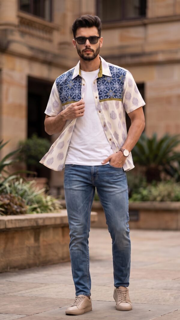Men  White Royal Blue Olive Green Cotton Patchwork Block print Handloom Shirt